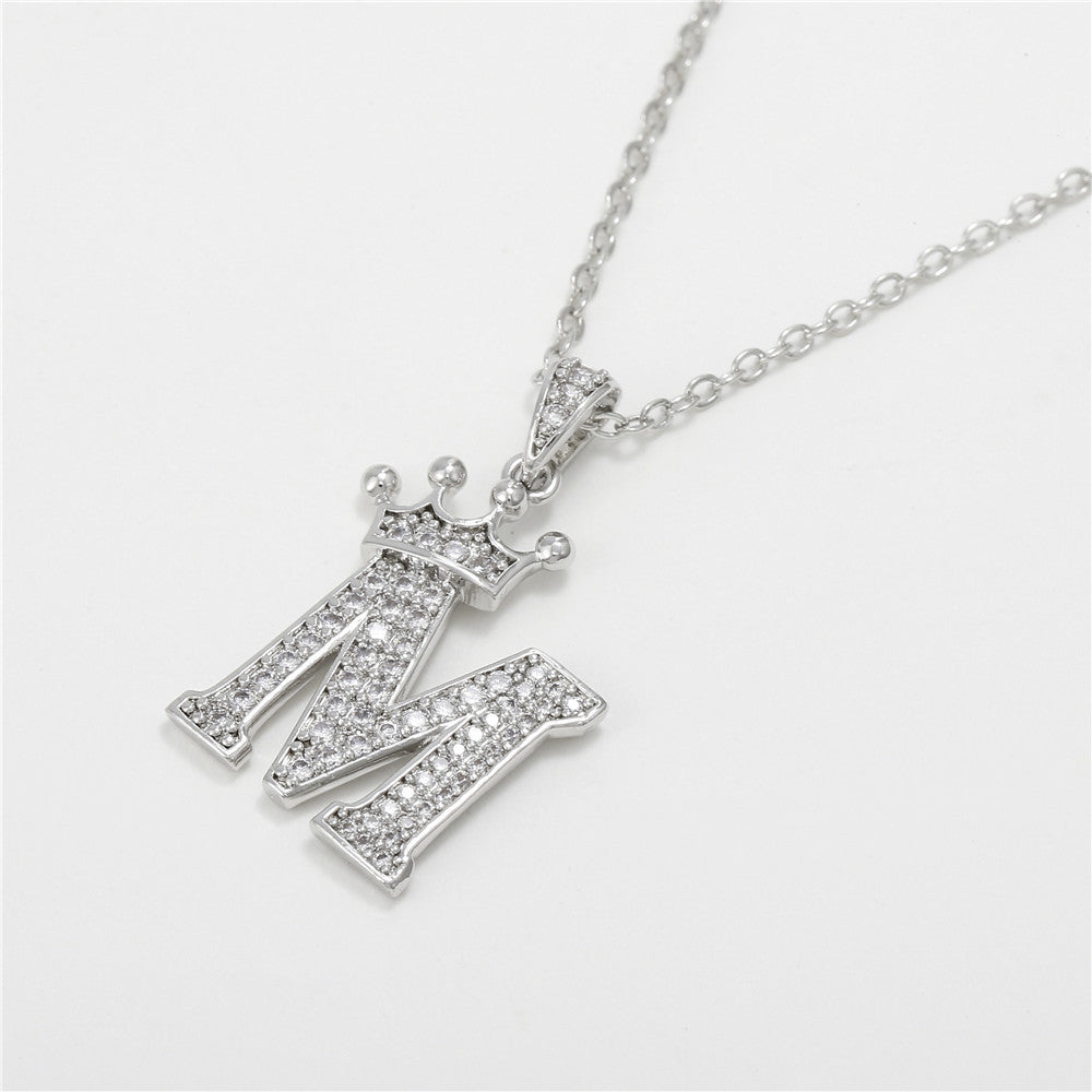 Minimalist Crown Letter Cubic Zirconia Micro-inlay Brass Necklace with Cable Chain
