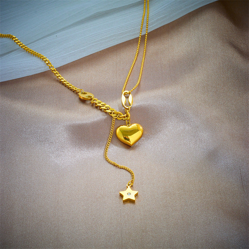 Minimalist 3D Heart and Star Pendant Stainless Steel Necklace for Women