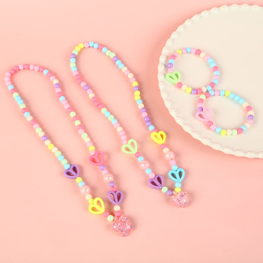 Cartoon Unicorn Pendant Necklace Set with Colorful Dopamine Beads for Kids, Resin Animal Charm on Round Bead Chain, Princess Style Children's Jewelry