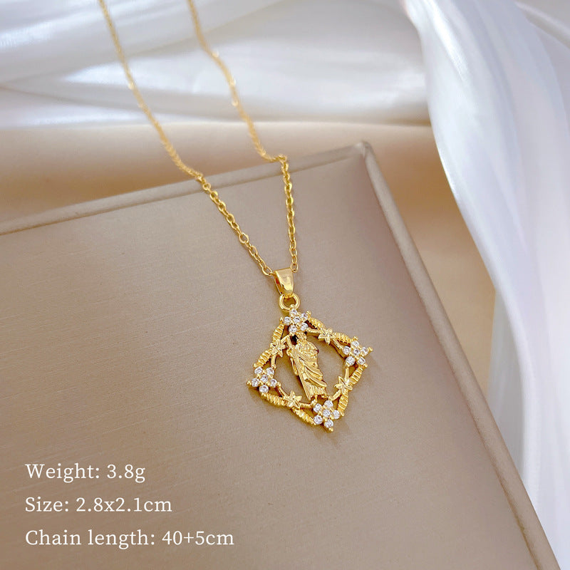 Collana Minimalista con Ciondolo Floreale a Quadrifoglio in Acciaio al Titanio con Ciondolo in Rame e Accenti di Strass per Uomo e Donna