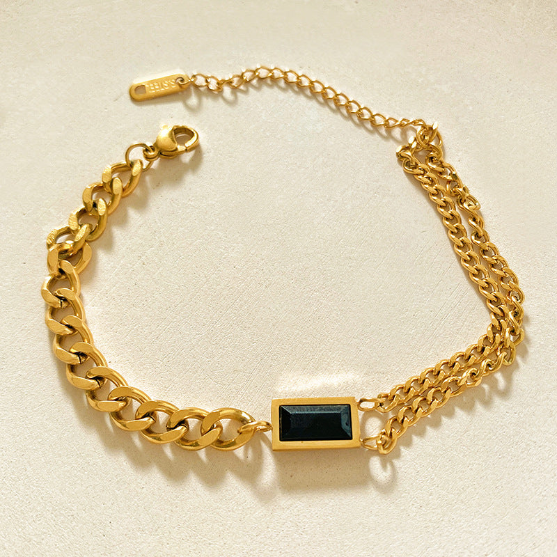Micro-Set Cubic Zirconia Square Plated Titanium Steel Double Layer Bracelet Unisex