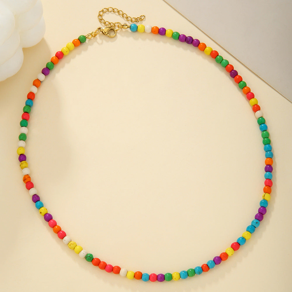 Bohemian Colorful Turquoise Beaded Necklace with Heart Mother of Pearl Pendant on Cable Chain for Women
