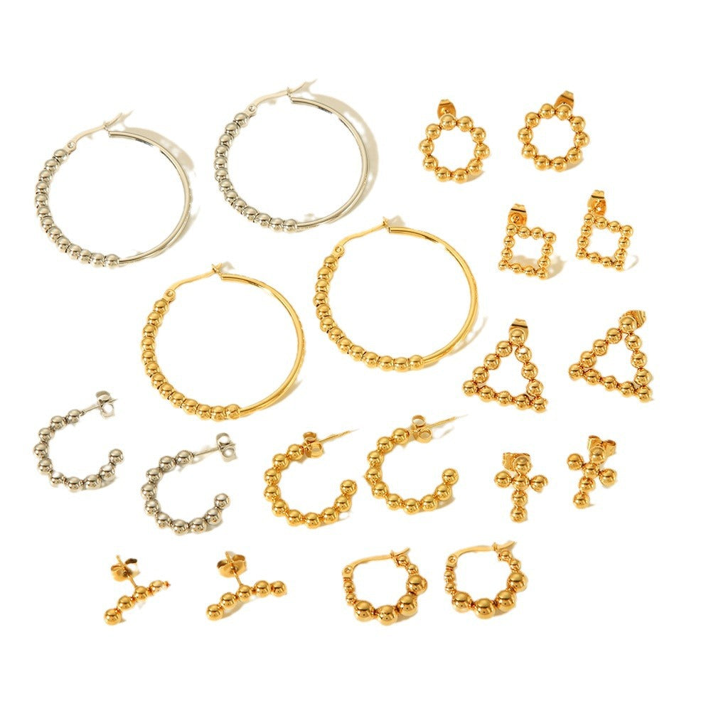 Minimalist Geometric Hollow Beaded Titanium Steel Earrings for Women Hypoallergenic Plated Fashion Studs