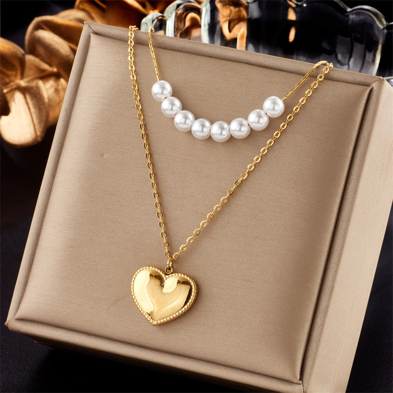 Vintage Luxury Gold Plated Heart Butterfly Round Stainless Steel Necklace with Pearl Multi-Layer