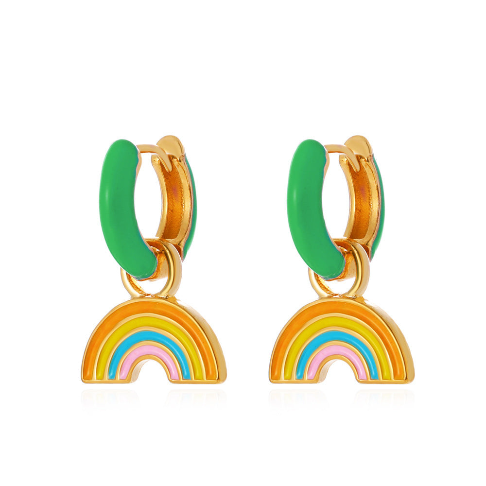 Orecchini da donna in lega con cuore arcobaleno minimalista a strisce effetto olio a goccia