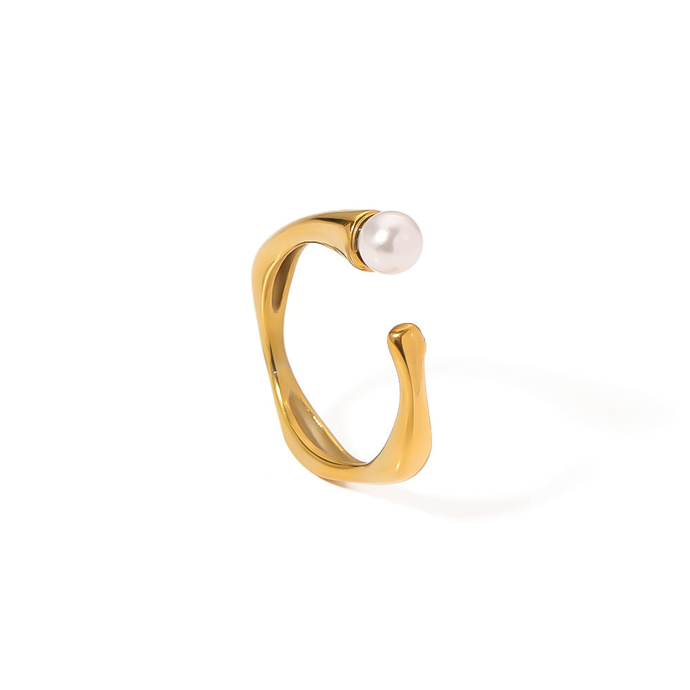 Anello da donna minimalista, irregolare, geometrico, in acciaio inossidabile con intarsio di perle, in acciaio al titanio placcato in oro 18 carati