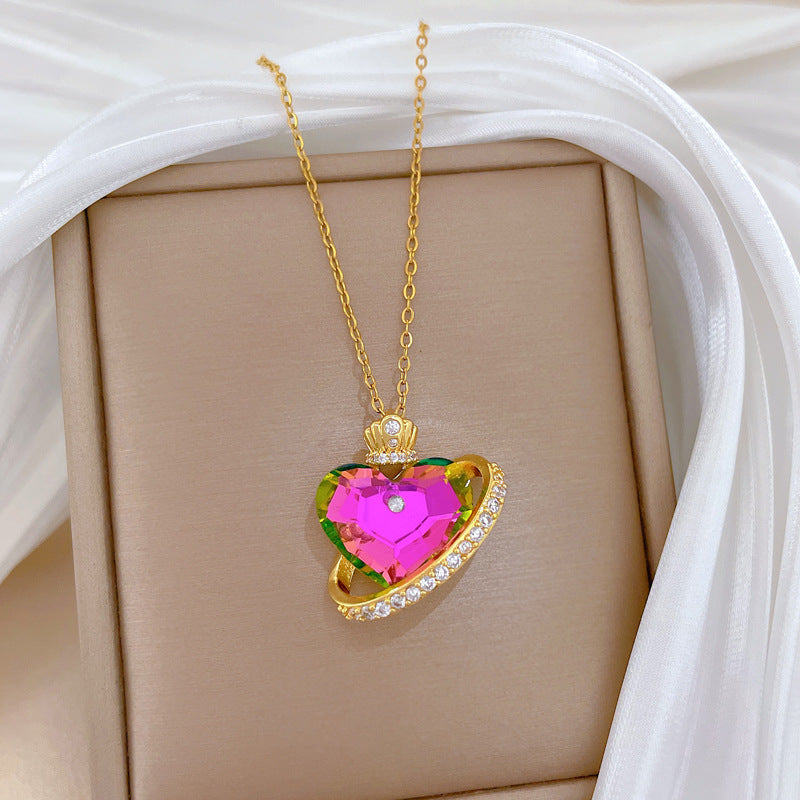 Sweet Minimalist Colorful Heart Crown Rhinestone Titanium Steel Necklace for Unisex