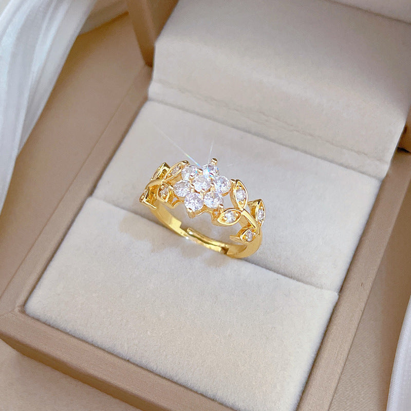 Sweet Minimalist Gold Plated Floral Rhinestone Adjustable Ring for Women and Couples