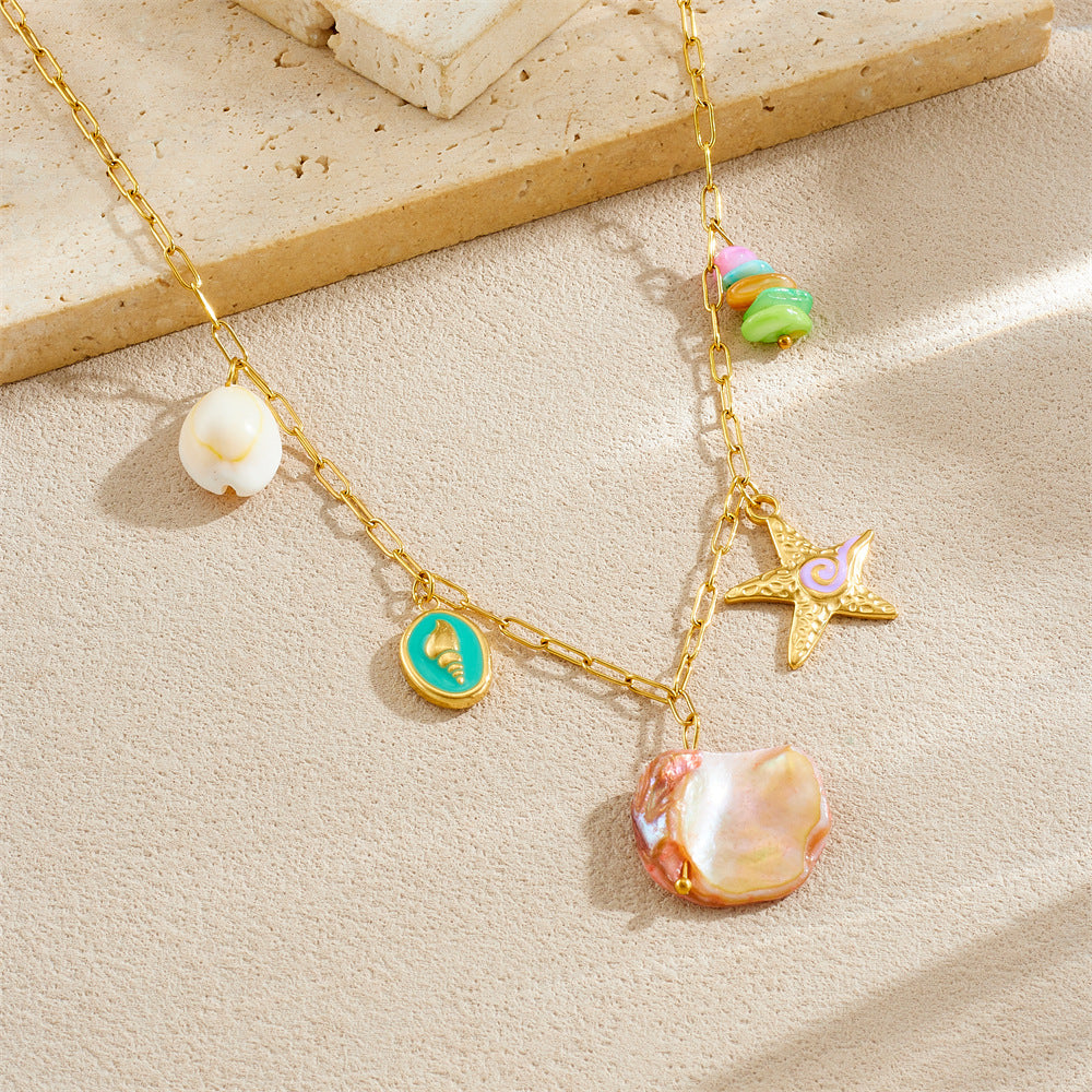 Sweet Gold Plated Drip Oil Starfish Shell Stainless Steel Necklace with Colorful Gemstones for Women