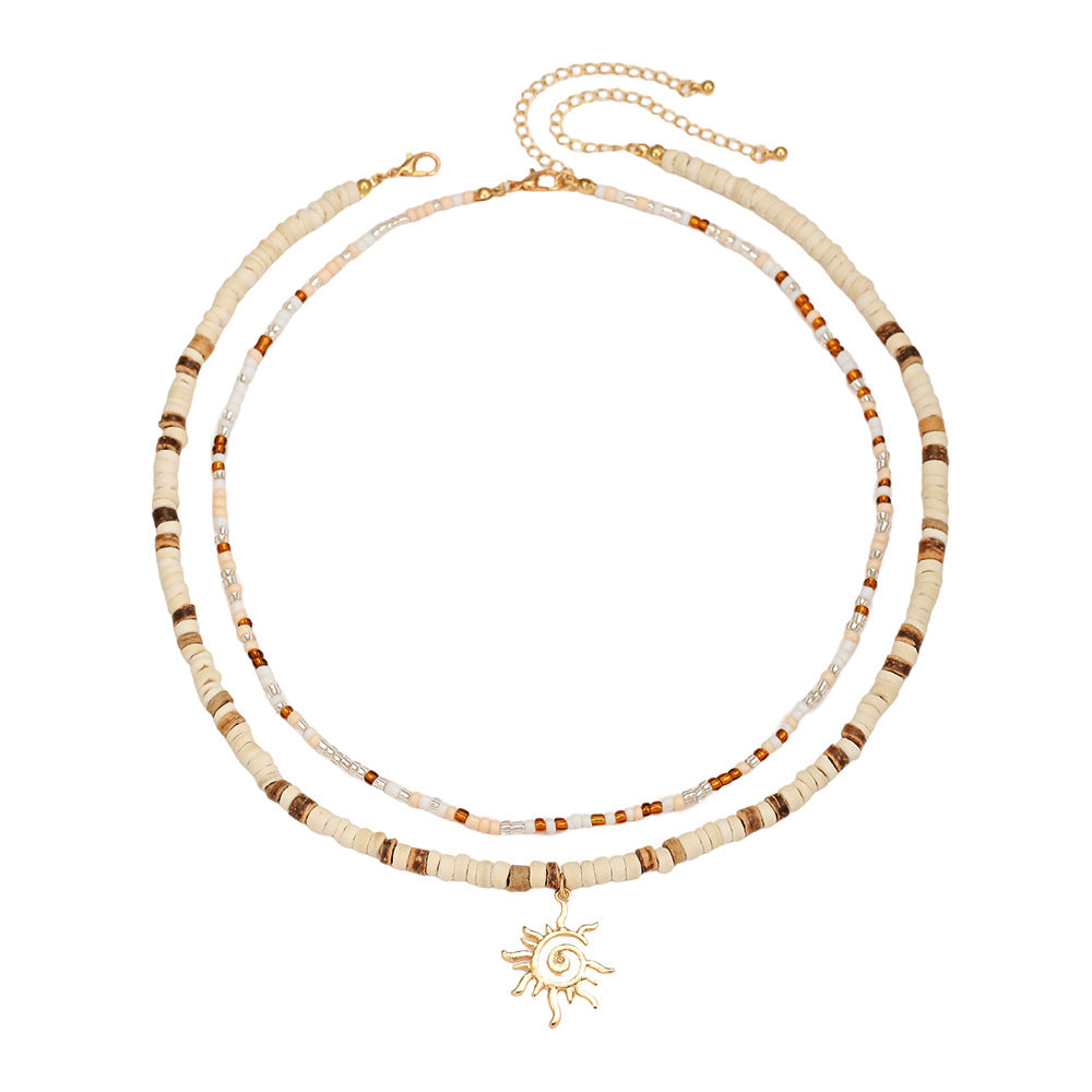 Casual Handmade Geometric Sun Alloy Pendant Coconut Shell Ball Chain Necklace Multi-layer Beach Vacation Jewelry