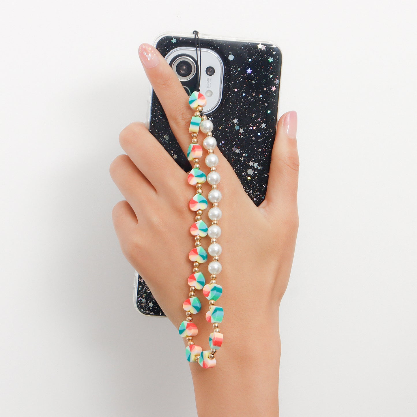 Sweet Minimalist Colorful Heart Alloy Plated Imitation Pearl Woven Phone Chain