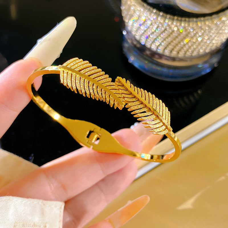 Minimalist Elegant Double Feather Open Cuff Titanium Steel Plated Bracelet