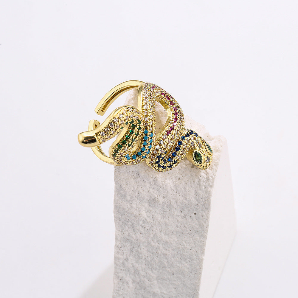 Minimalist Geometric Snake-Shaped Ring in Brass with Gold Plating and Micro-Paved Zirconia for Women