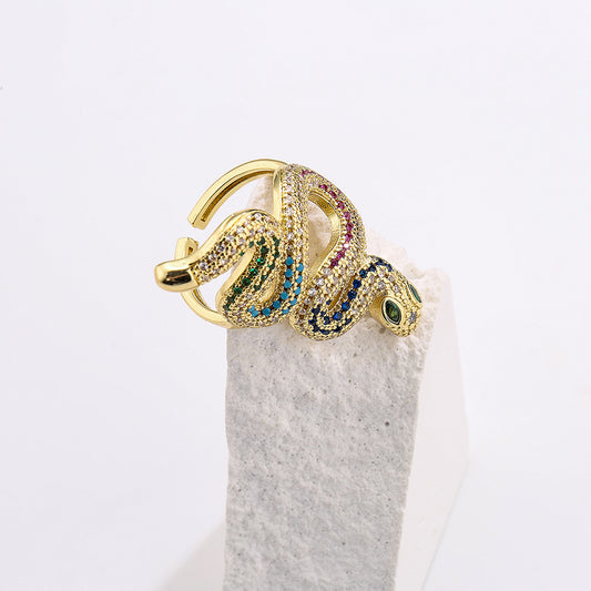 Minimalist Geometric Snake-Shaped Ring in Brass with Gold Plating and Micro-Paved Zirconia for Women