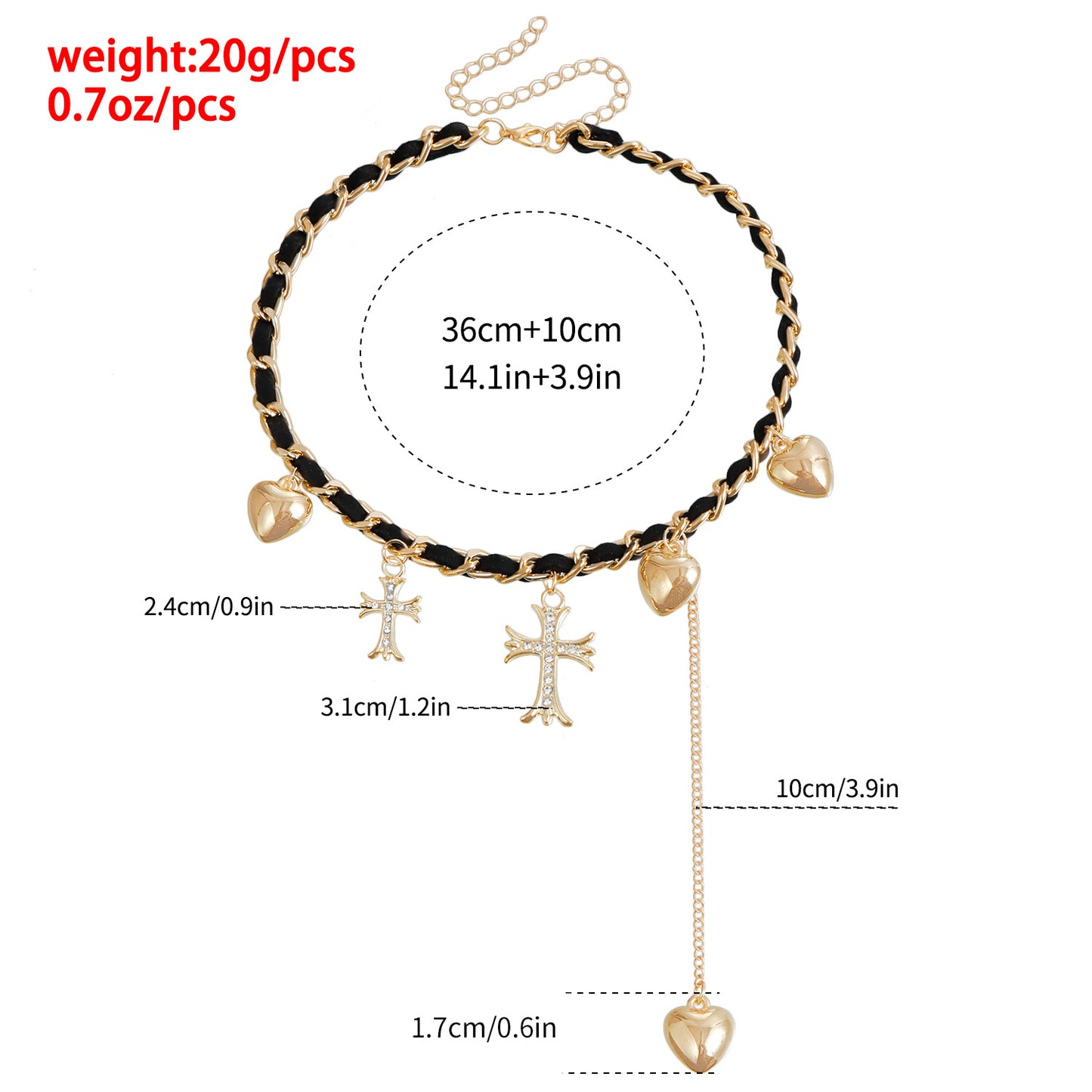 Vintage Style Heart and Cross Pendant Necklace with Plated Metal Choker Chain for Women