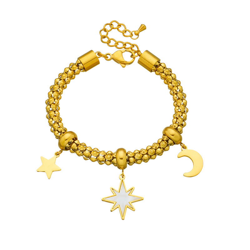 Bracciale alla moda vintage in acciaio inossidabile placcato oro con ciondolo a forma di fiore, luna, stella e turchese per donna