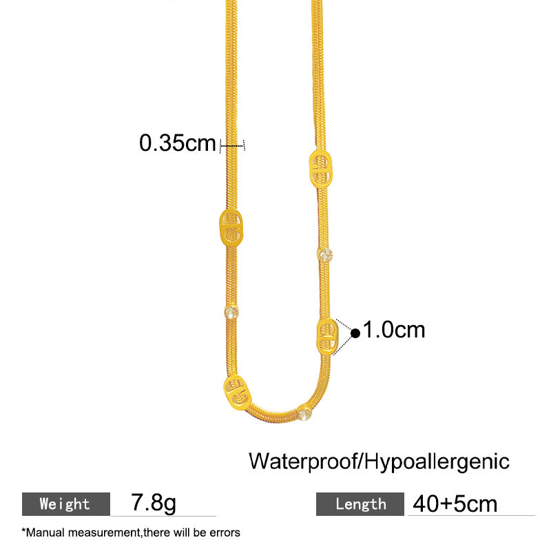 Minimalist Luxury 18K Gold Plated Letter Titanium Steel Snake Chain Necklace with Cubic Zirconia Inlay