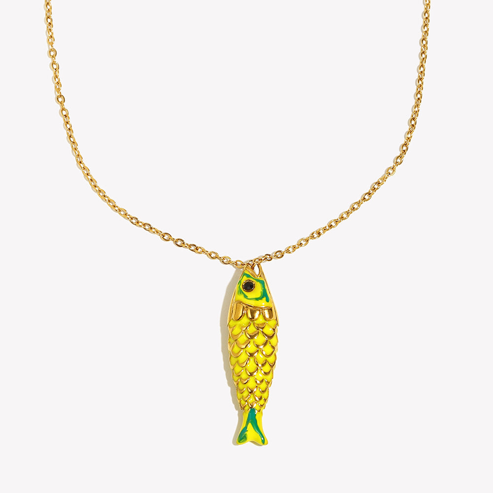 Luxury Minimalist Fish-Shaped Stainless Steel Plated 18K Gold Enamel Necklace for Women