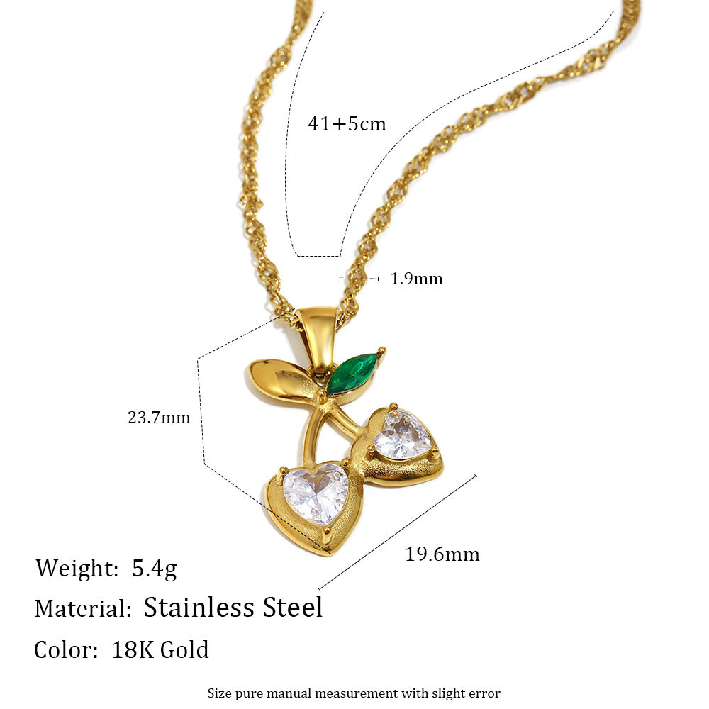 Collana Minimalista da Donna a Forma di Ciliegia in Acciaio Inossidabile con Placcatura in Oro 18 carati e Strass Trasparenti