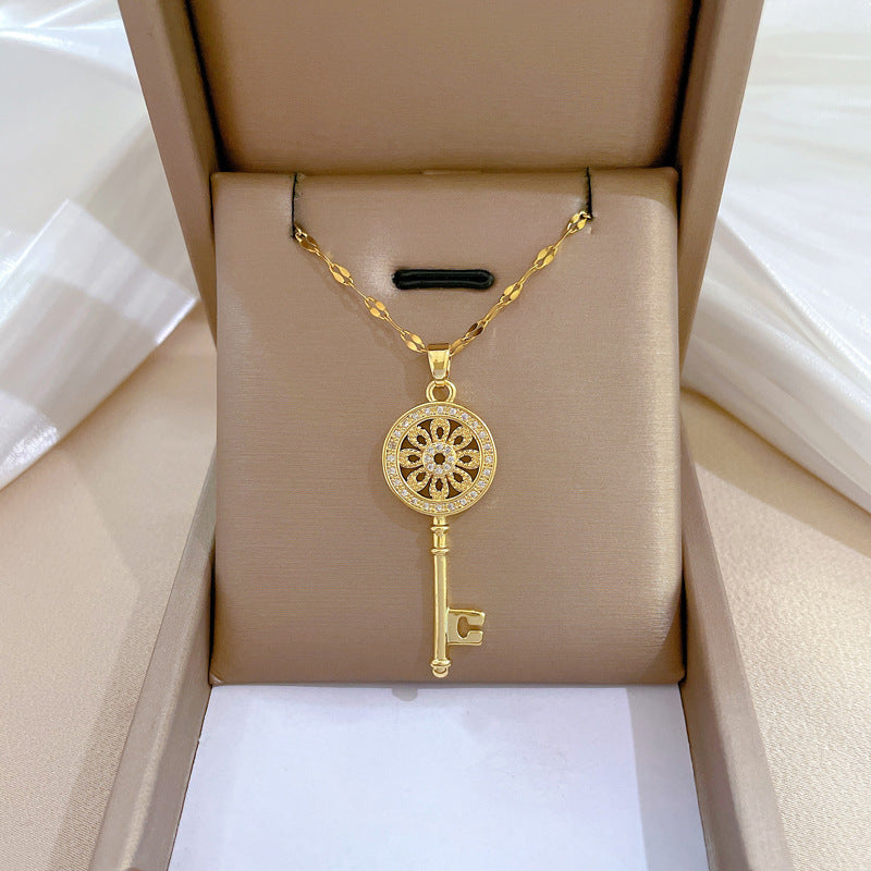 Collar de acero de titanio geométrico minimalista de lujo con incrustaciones de diamantes de imitación para mujer