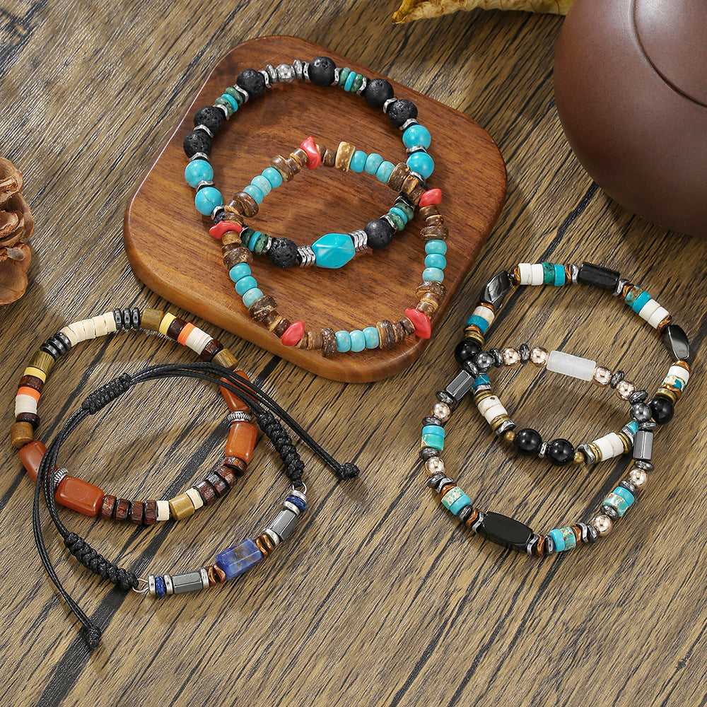 Geometric Round Turquoise Lapis Lazuli Agate Beaded Bracelet Unisex