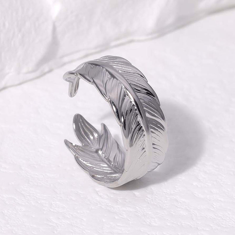 Minimalist Feather-Shaped Titanium Steel Ring with 18K Gold Plating for Women