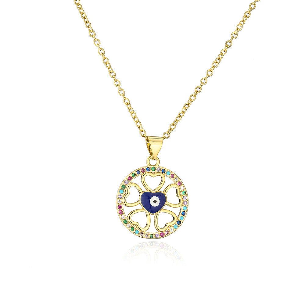 Bohemian Style Geometric Evil Eye Pendant Necklace in Copper with 18K Gold Plating and Enamel Finish, Set with Zircon