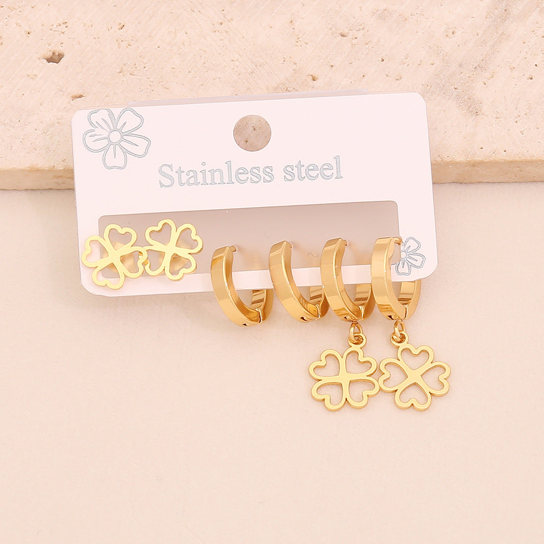 Set di orecchini alla moda in acciaio inossidabile placcato con cuore, farfalla, corona e motivi floreali, stile OL