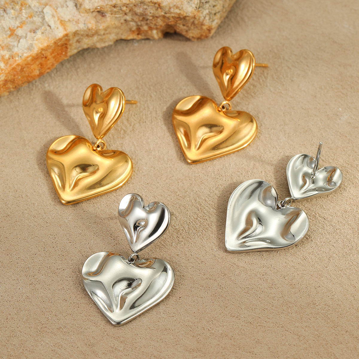 Fashionable Textured Double Heart Stainless Steel Earrings for Women with Electroplated Finish