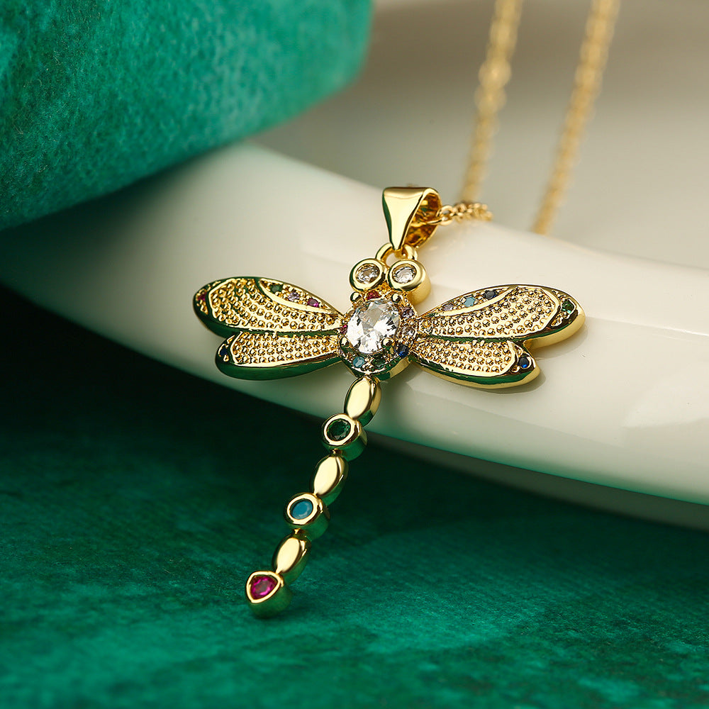 Collana con ciondolo a forma di ape e libellula geometrica minimalista da donna in ottone con placcatura in oro e intarsio in zircone