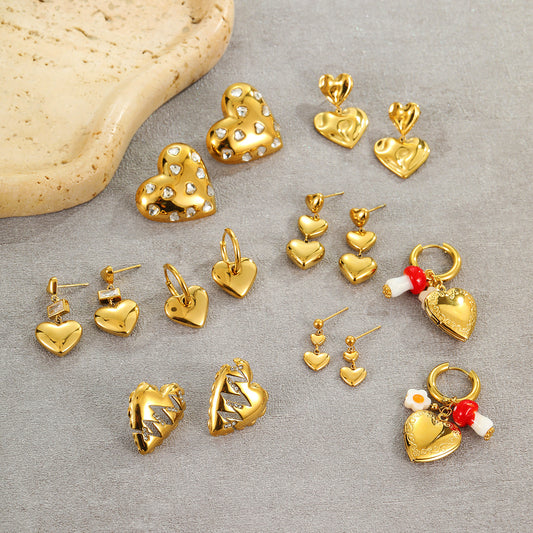 Dulces Pendientes de Acero Inoxidable con Forma de Corazón Estilo Francés con Baño de Oro de 18K para Mujer