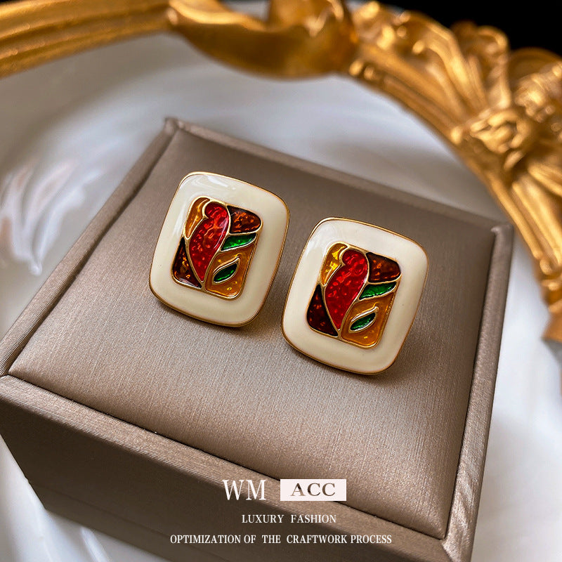 Vintage Art-Inspired Enamel Square Stud Earrings for Women with Stainless Steel Posts