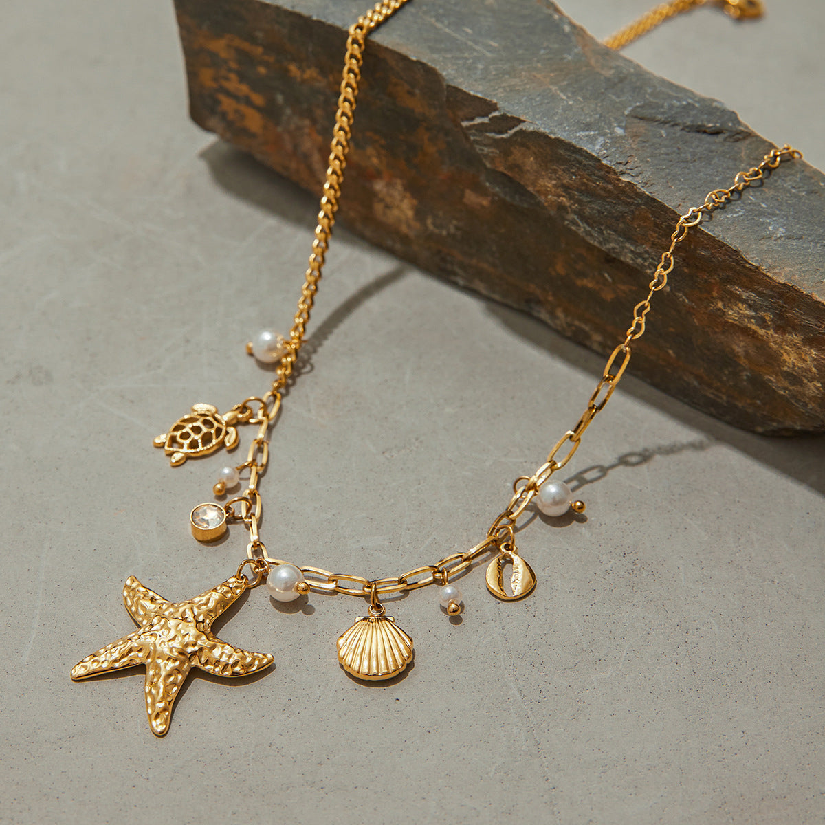 Geometric Starfish Pendant Necklace in Titanium Steel with Electroplated Finish for Women