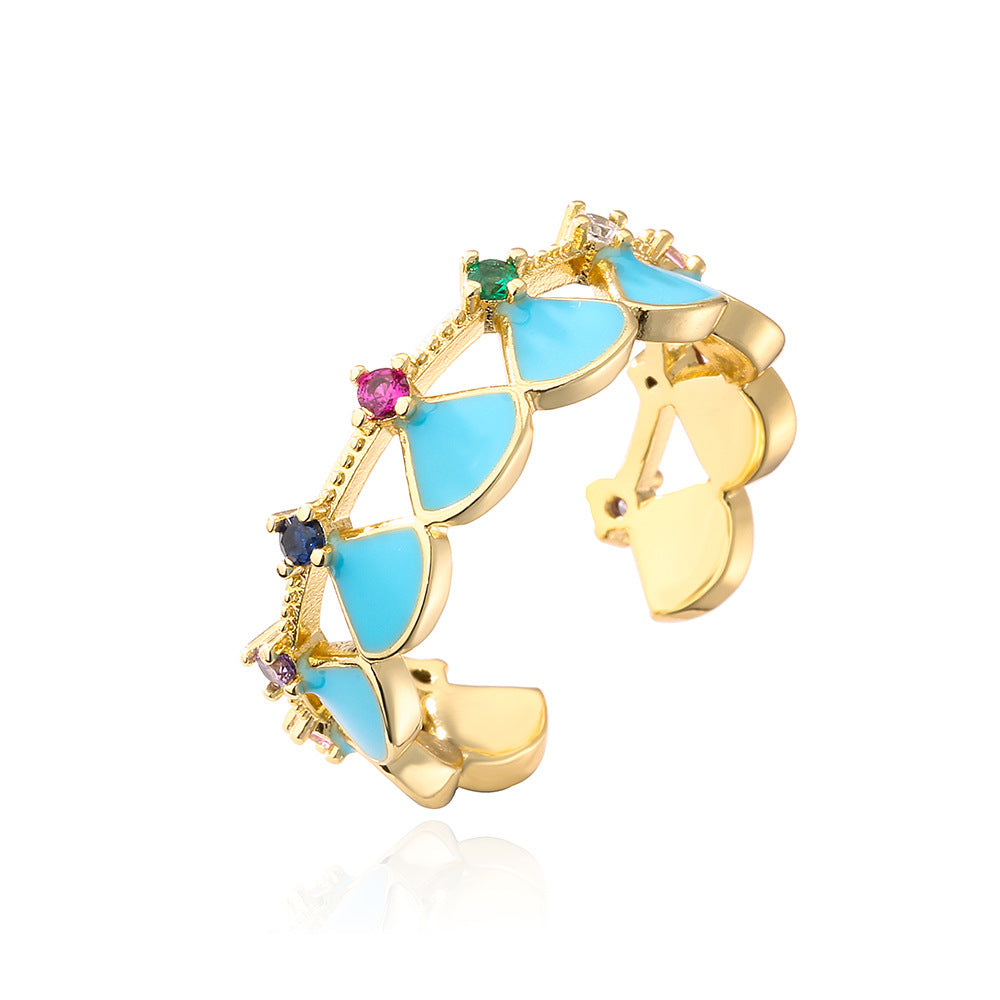 Anello Aperto Geometrico da Donna con Base in Rame Placcato in Oro 18K e Intarsio in Zirconia Smaltata
