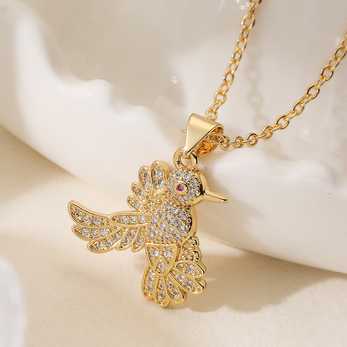 Minimalist 18K Gold Plated Brass Cubic Zirconia Bird Pendant Necklace for Women