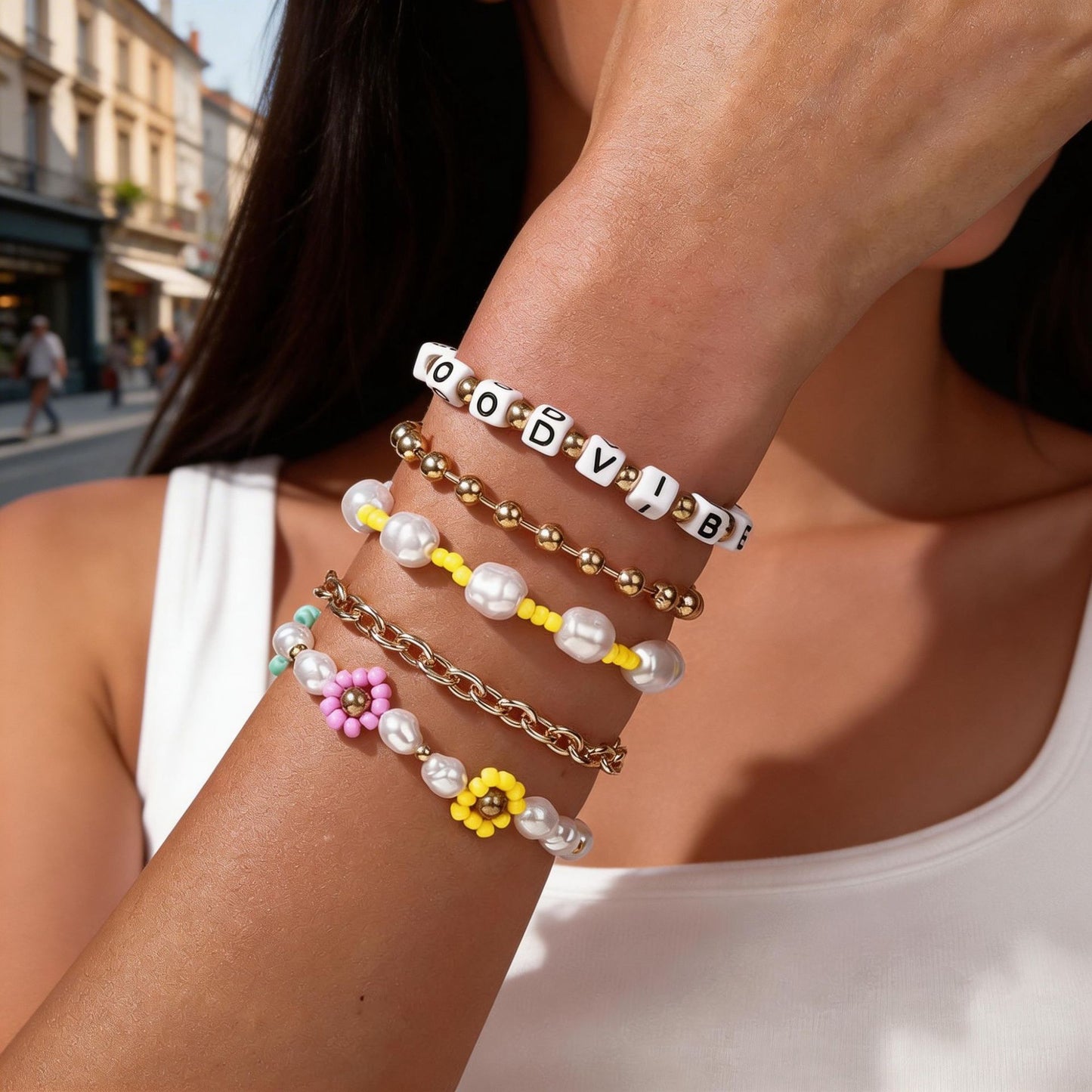 Bohemian Floral Letter Resin Turquoise Imitation Pearl Bracelet Set