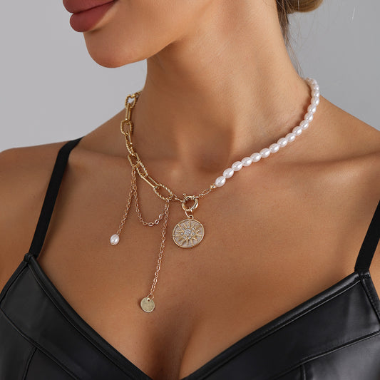 Vintage Luxury Star Heart Pearl Alloy Plated Necklace with Tassel for Women