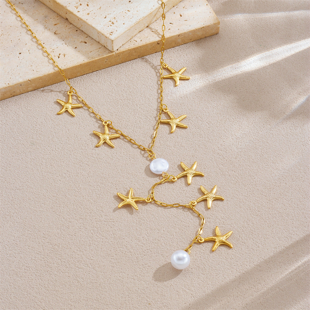 Minimalist Elegant Gold Plated Stainless Steel Star Pearl Y-Chain Tassel Necklace for Women