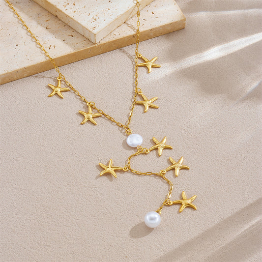 Minimalist Elegant Gold Plated Stainless Steel Star Pearl Y-Chain Tassel Necklace for Women