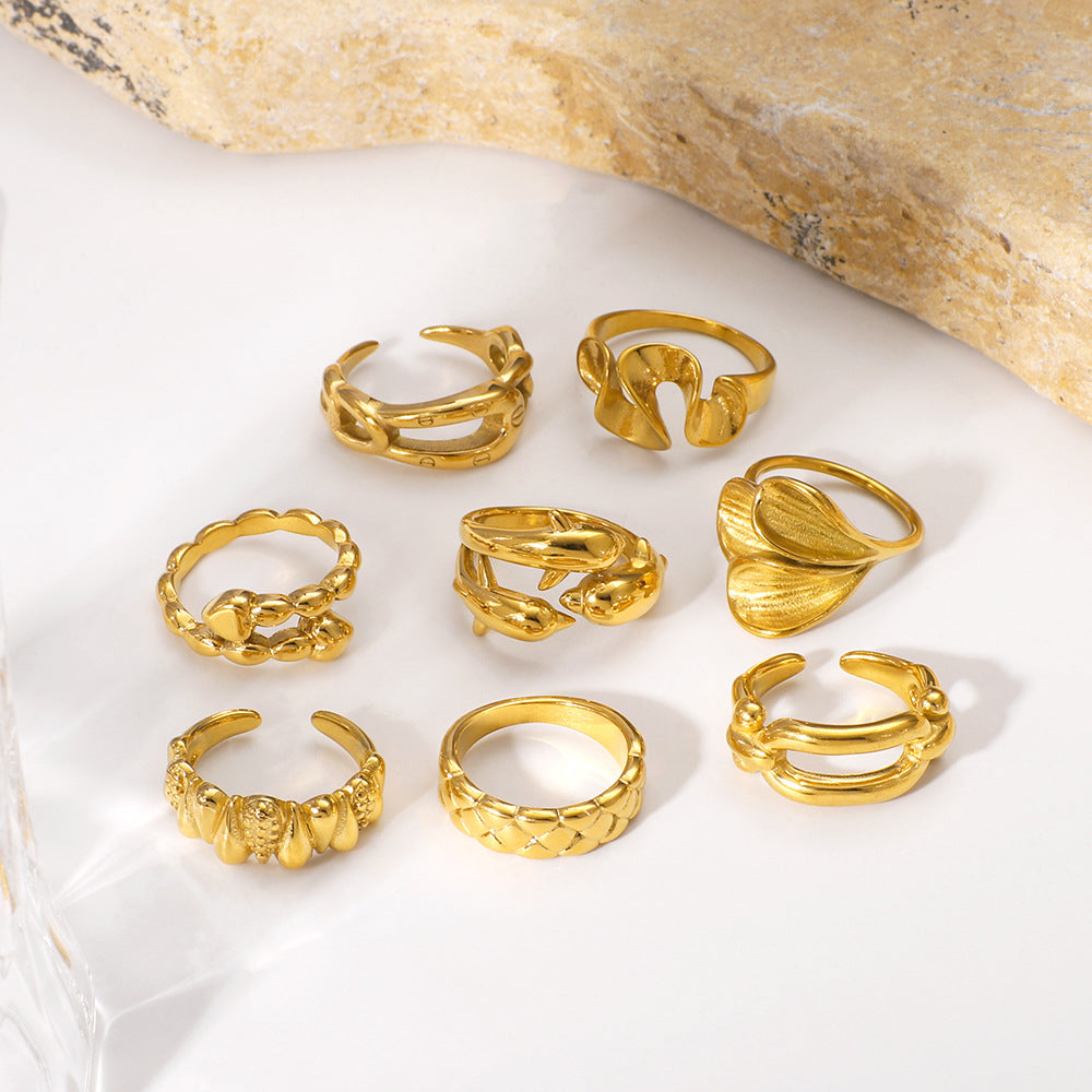 Geometric Wave Leaf Shaped Stainless Steel Plated Gold Ring with Textured Ruffled Asymmetrical Design for Women and Men