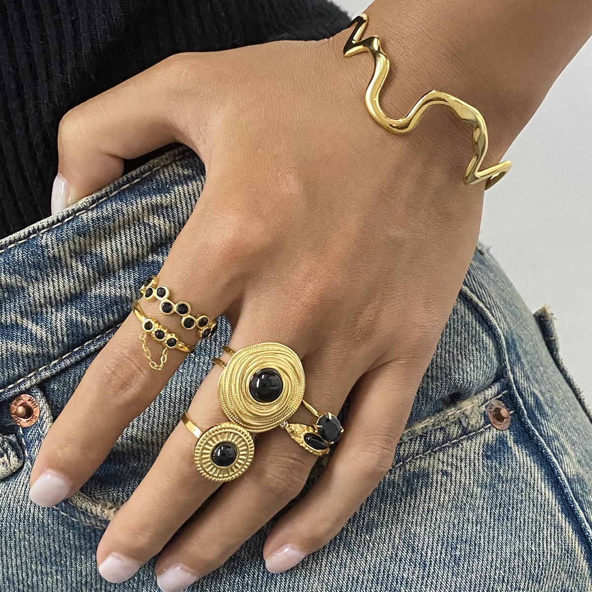 Anello in Agata Nera a Forma di Serpente alla Moda in Acciaio Inossidabile con Finitura Galvanica per Donna