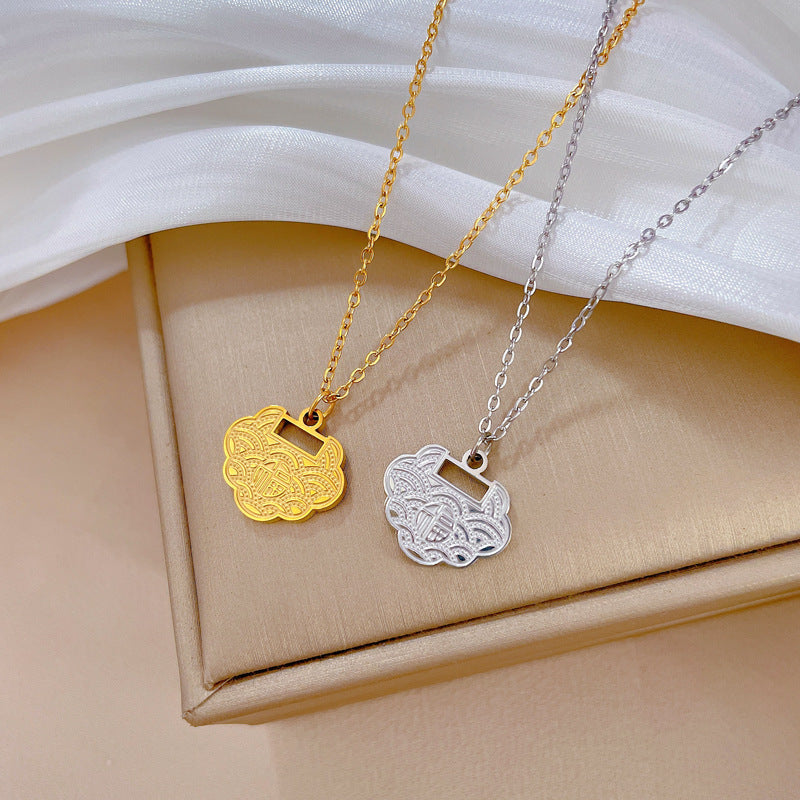 Minimalist Cloud and Fortune Lock Pendant Necklace in Titanium Steel with Gold Plating for Women and Men
