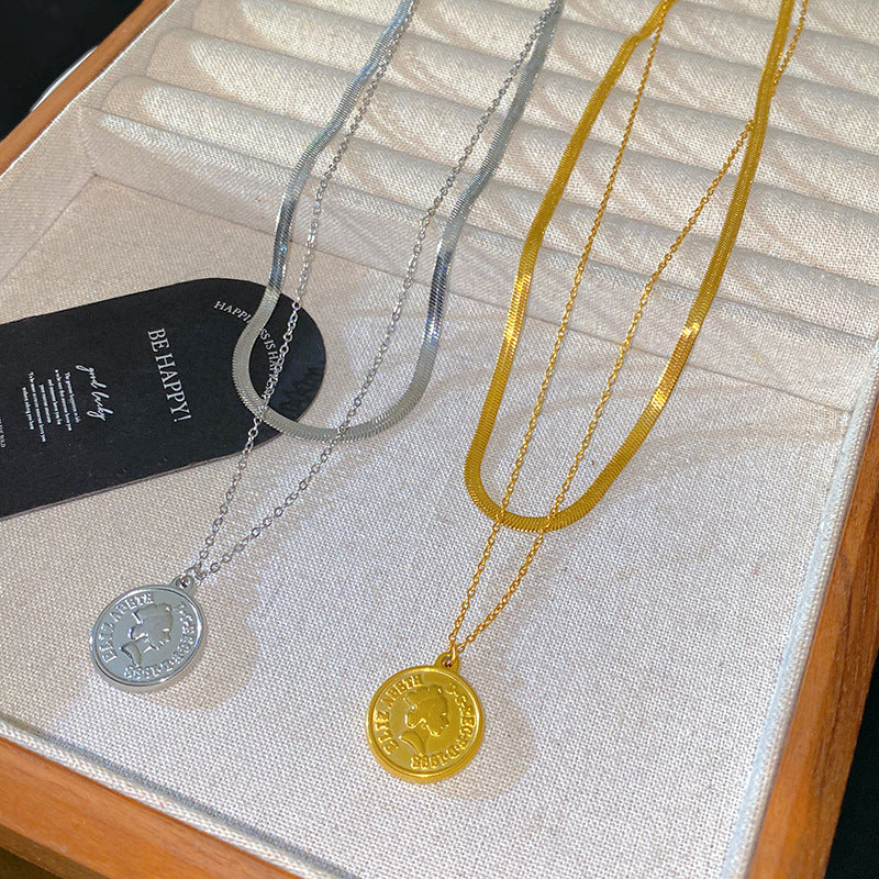 Sweet Streetwear Round Geometric Titanium Steel Plated Pendant Snake Chain Necklace for Unisex