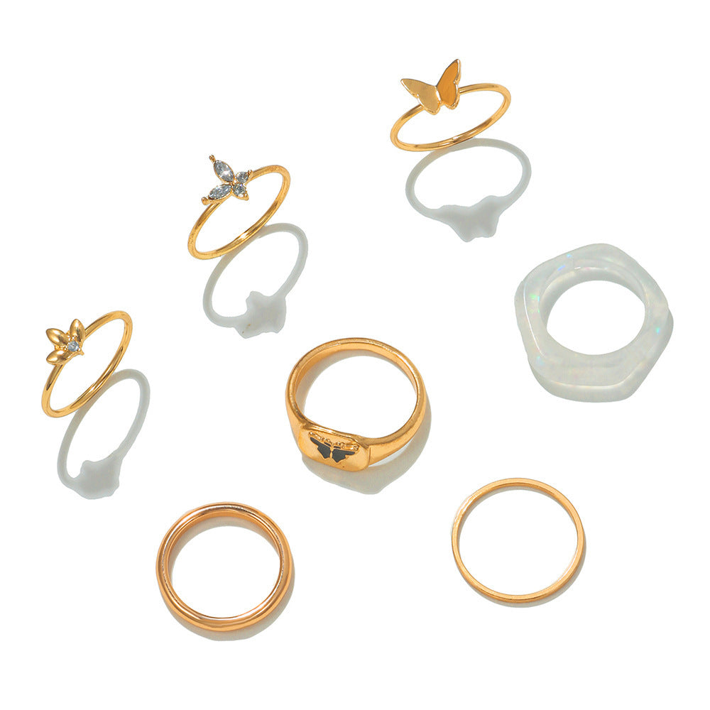 Sweet Streetwear Geometric Butterfly Drip Oil Crystal Inlay Alloy Acrylic Ring Set for Women