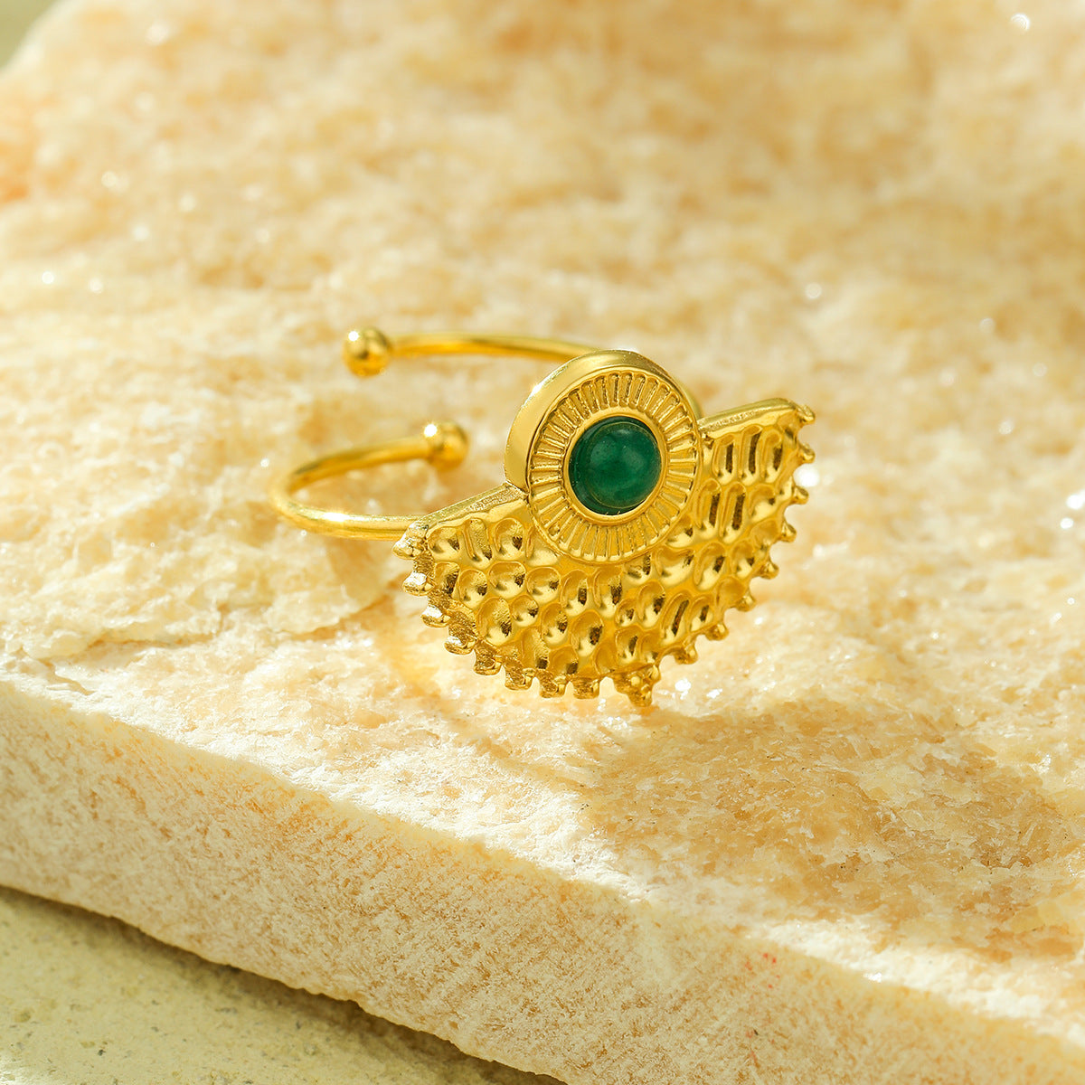 Anillo con forma de abanico a la moda de acero inoxidable con baño de oro de 18 quilates e incrustaciones de turquesa, ajustable para mujer