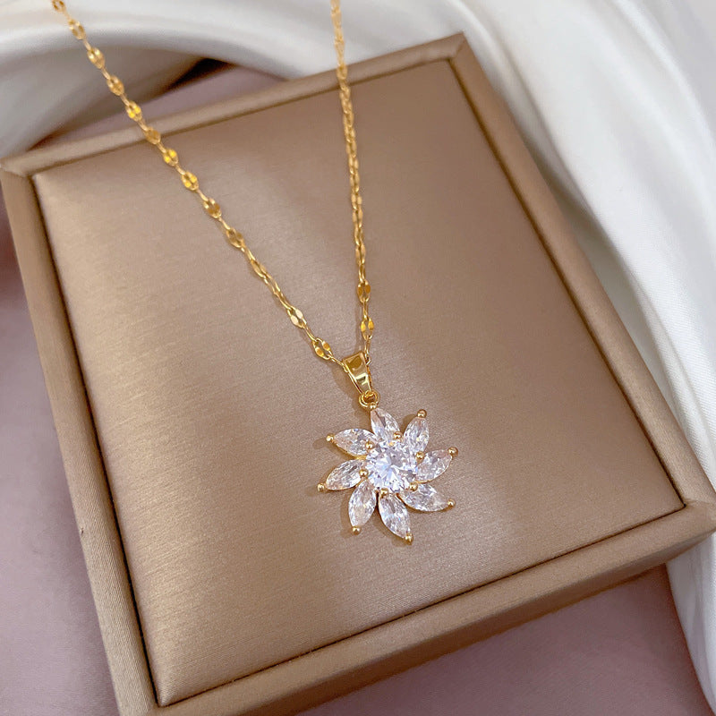 Elegant Geometric Sunflower Pendant Necklace for Women in Titanium Steel with Micro-Pavé Gold-Plated Brass Accent