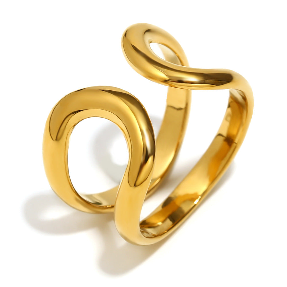 Anello da donna minimalista geometrico in acciaio inossidabile placcato oro 18 carati con doppia fascia aperta a otto