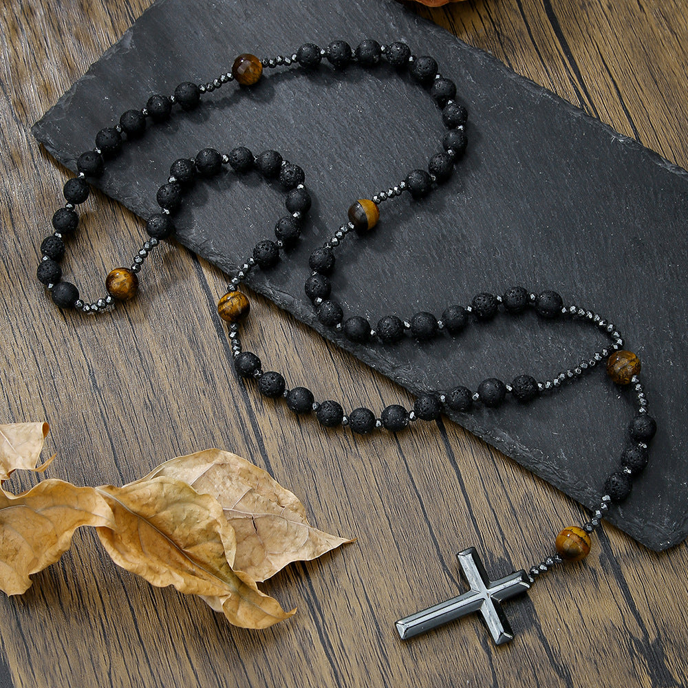 Geometric Cross Tiger's Eye and Black Agate Inlay Alloy Pendant Ball Chain Necklace for Men and Women