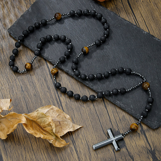 Geometric Cross Tiger's Eye and Black Agate Inlay Alloy Pendant Ball Chain Necklace for Men and Women