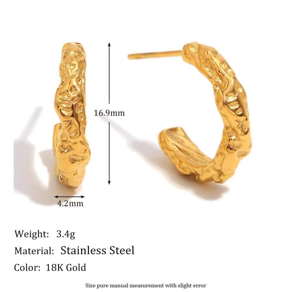 Minimalist Geometric Stainless Steel Earrings with 18K Gold Plating and Hammered Texture for Women